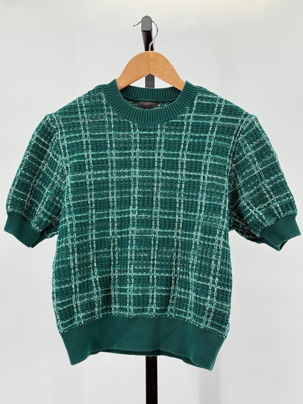 Ann Taylor Green Plaid Cotton Short Sleeve M Sweater Classic Preppy Fall